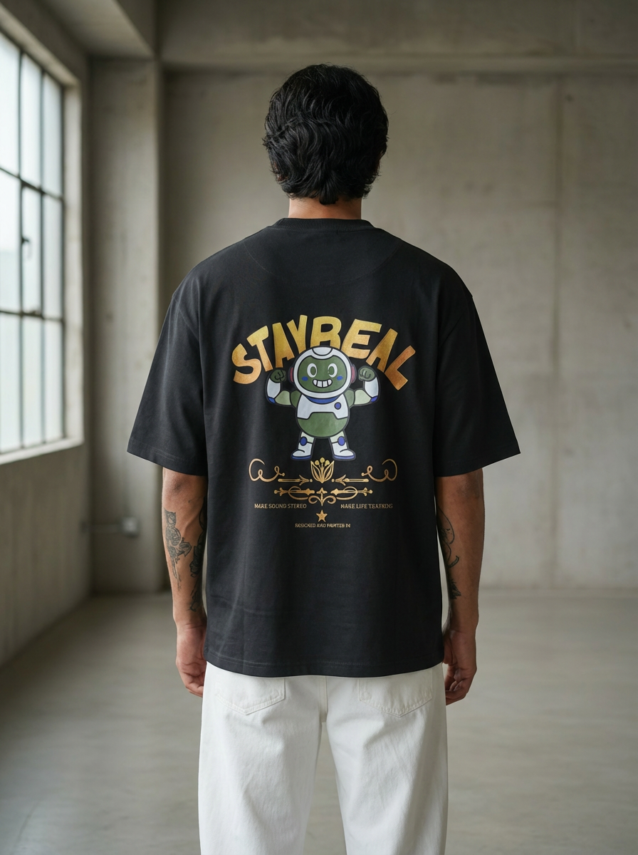 Stay Real Robot Oversized Black T-Shirt
