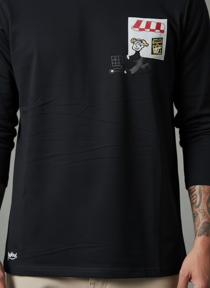 Cart Pocket Black Regular Full Sleeves T-Shirt