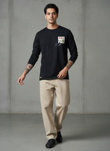 Cart Pocket Black Regular Full Sleeves T-Shirt