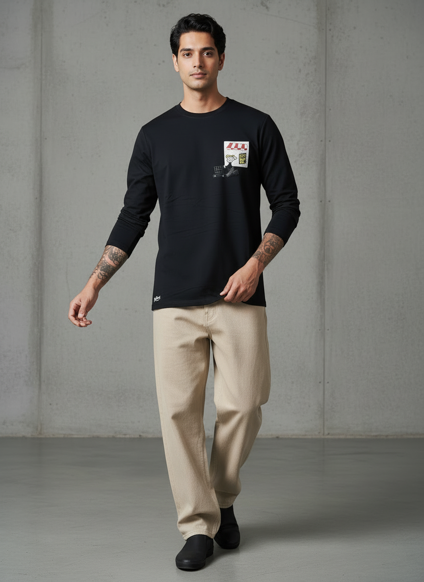 Cart Pocket Black Regular Full Sleeves T-Shirt