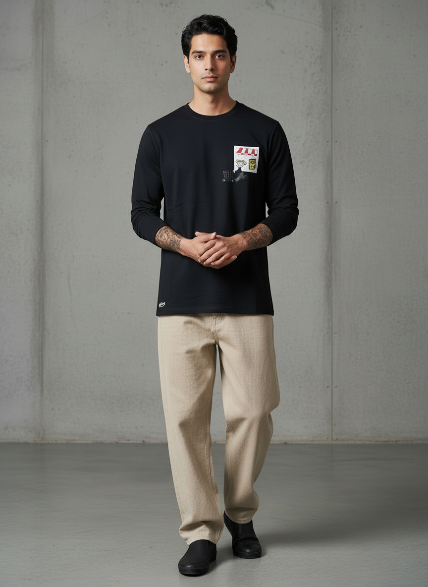 Cart Pocket Black Regular Full Sleeves T-Shirt