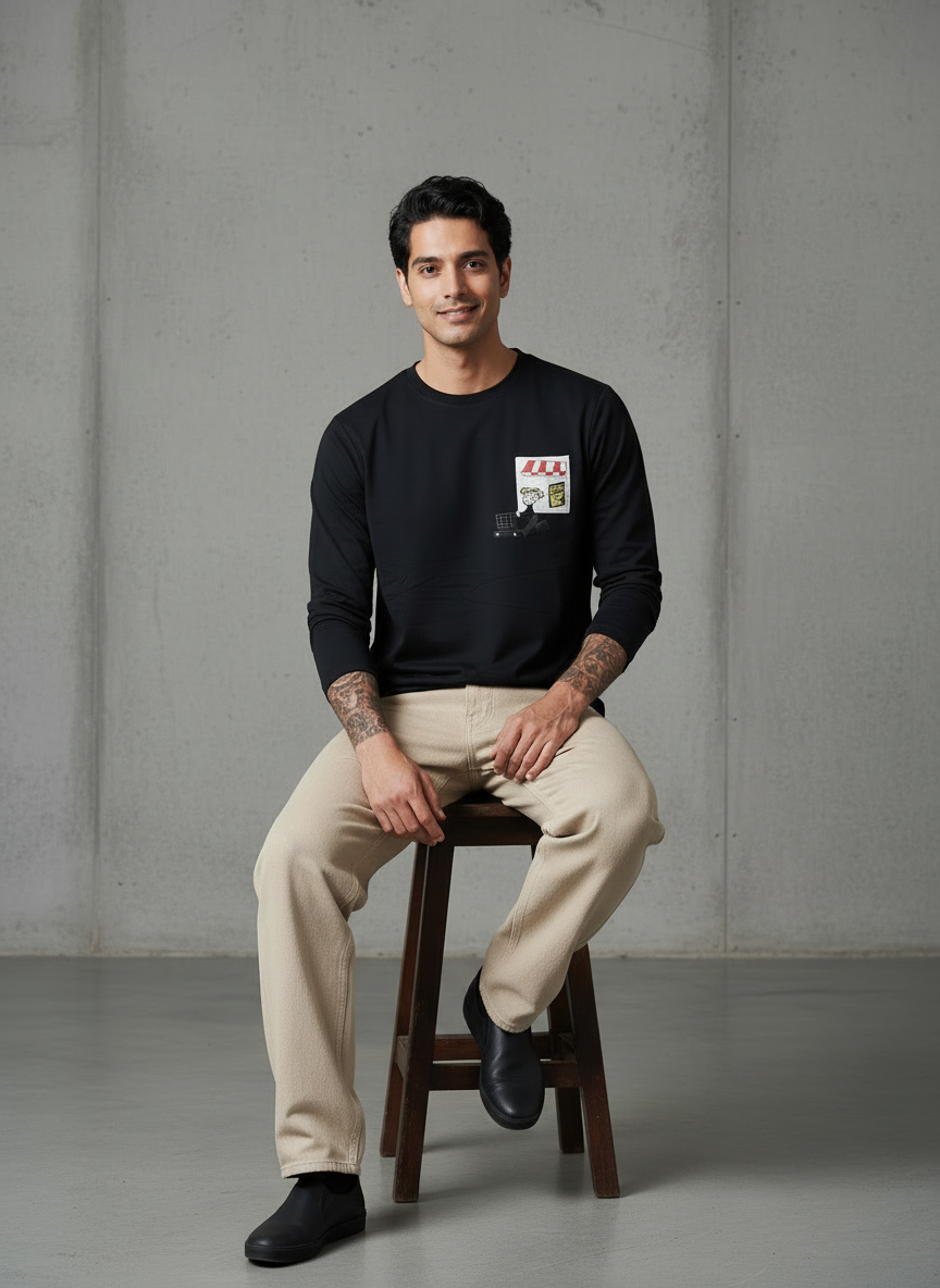 Cart Pocket Black Regular Full Sleeves T-Shirt