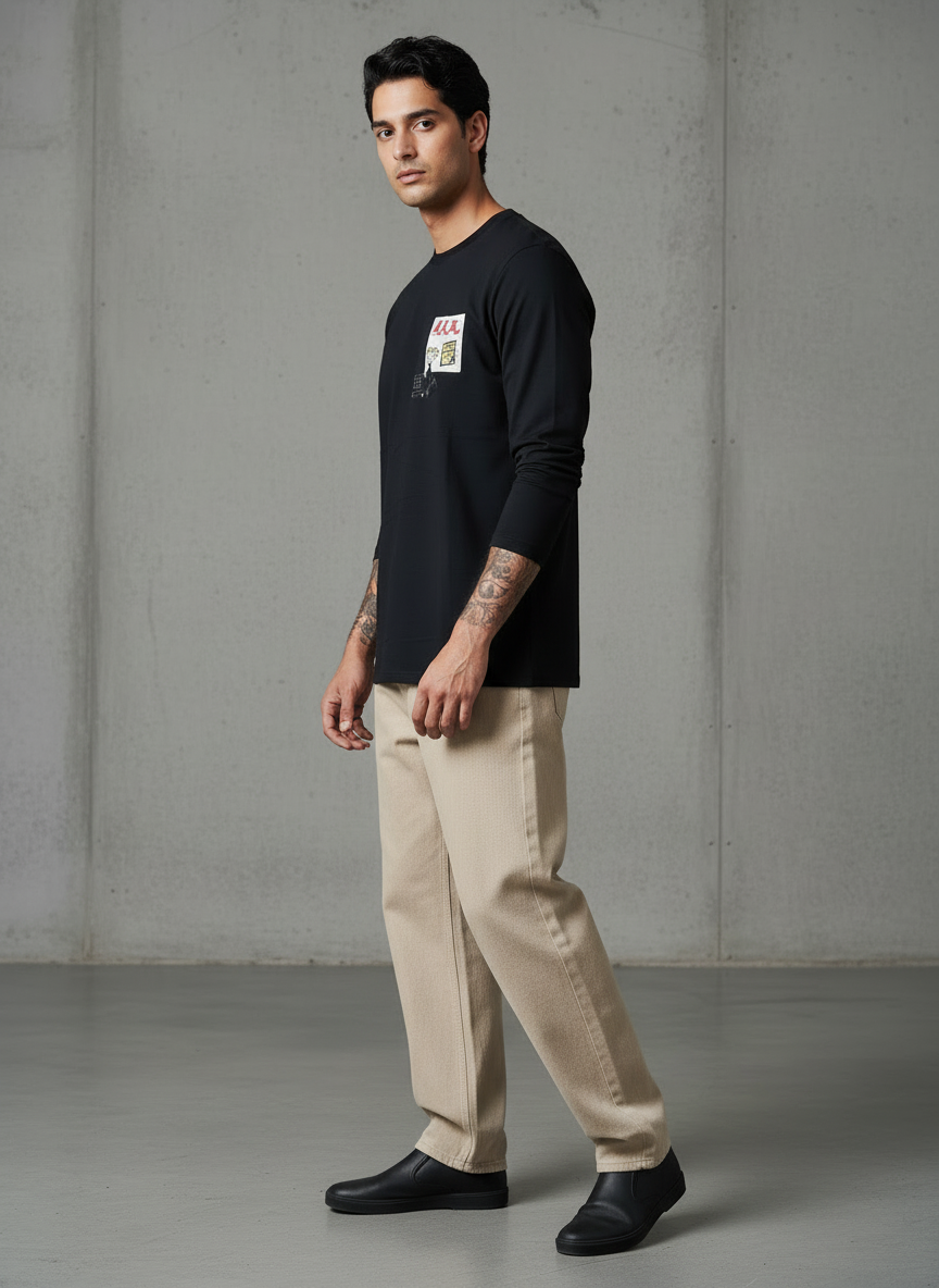 Cart Pocket Black Regular Full Sleeves T-Shirt