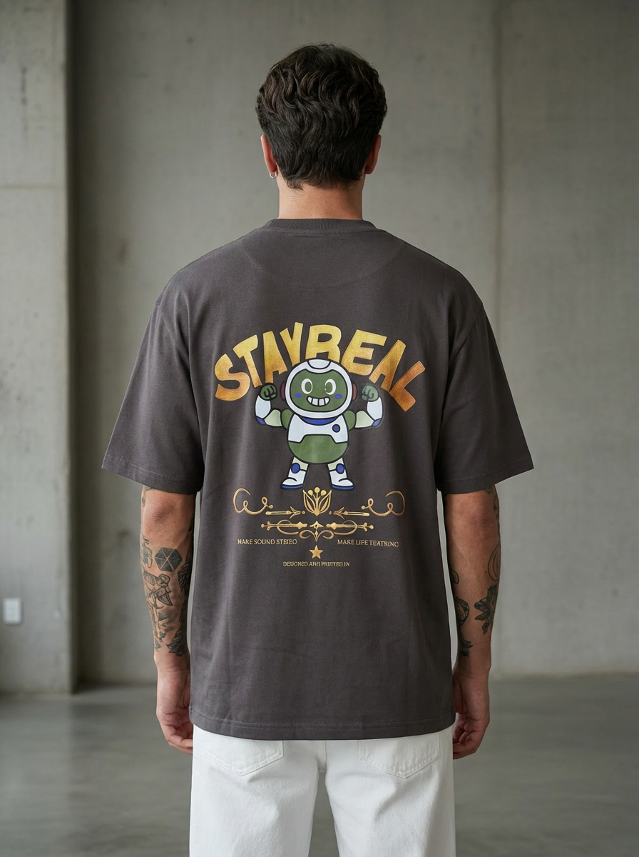 Stay Real Robot Oversized Brown T-Shirt