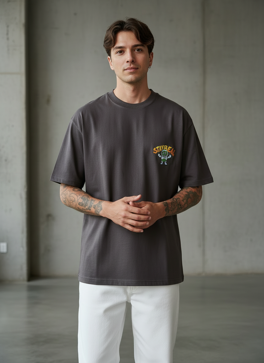 Stay Real Robot Oversized Brown T-Shirt