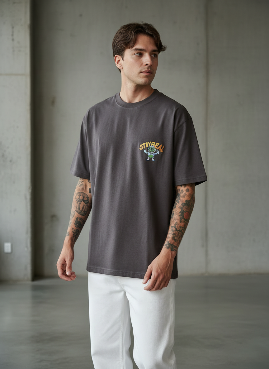 Stay Real Robot Oversized Brown T-Shirt