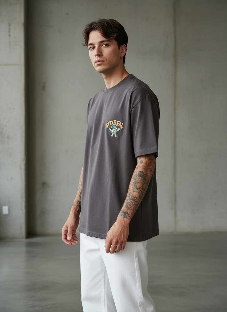 Stay Real Robot Oversized Brown T-Shirt