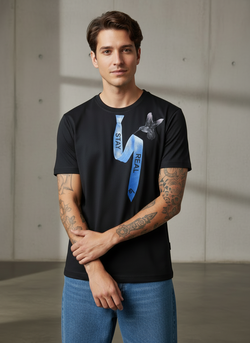 Tie Print Regular Fit Black T-Shirt