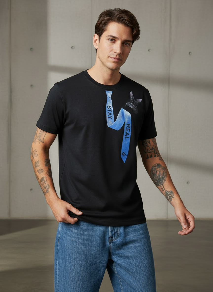 Tie Print Regular Fit Black T-Shirt