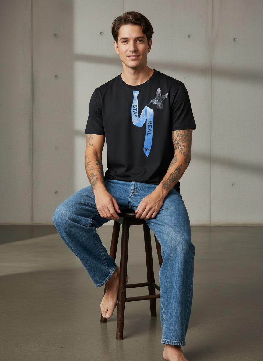 Tie Print Regular Fit Black T-Shirt