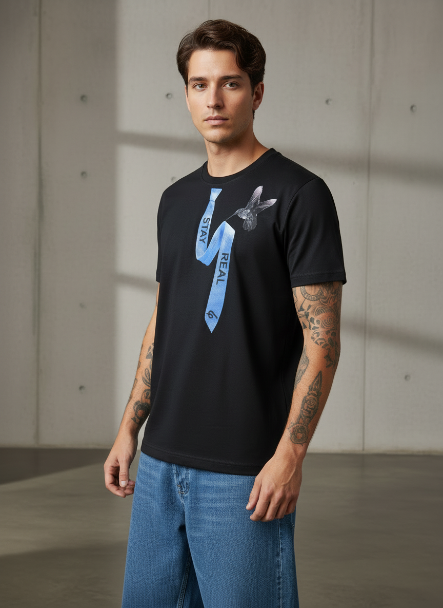 Tie Print Regular Fit Black T-Shirt