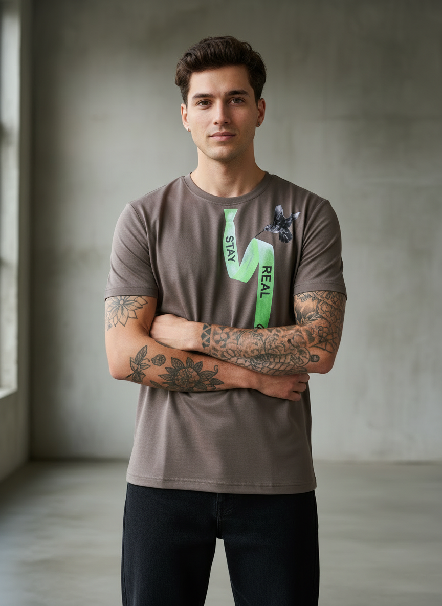 Tie Print Regular Fit Brown T-Shirt