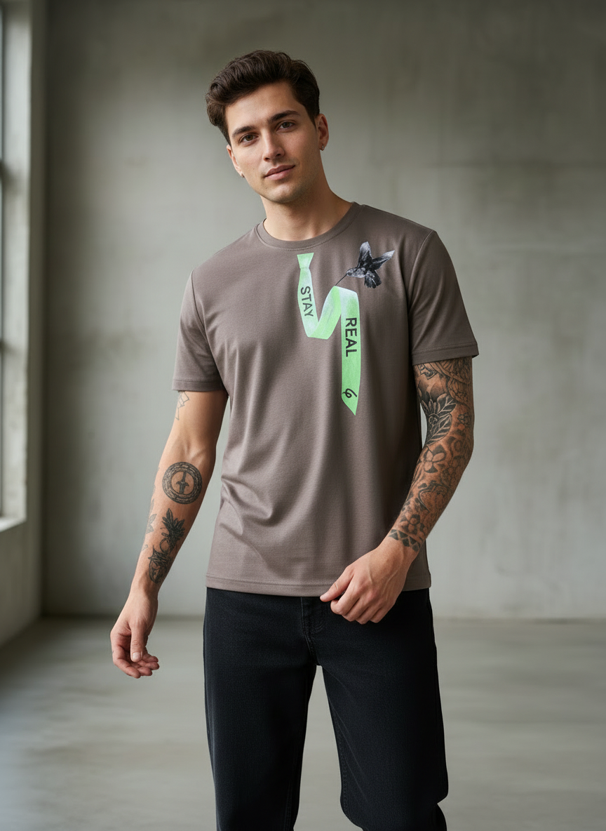 Tie Print Regular Fit Brown T-Shirt