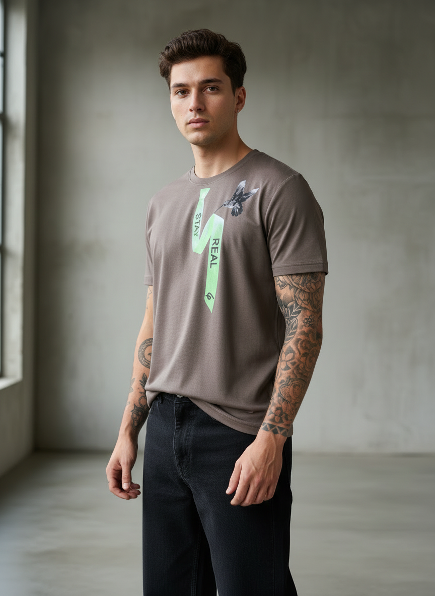 Tie Print Regular Fit Brown T-Shirt