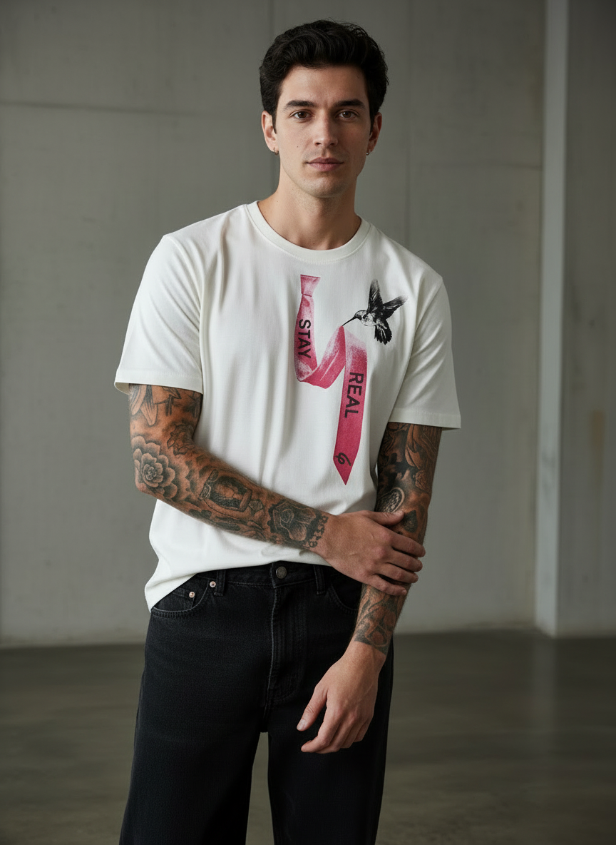 Tie Print Regular Fit White T-Shirt
