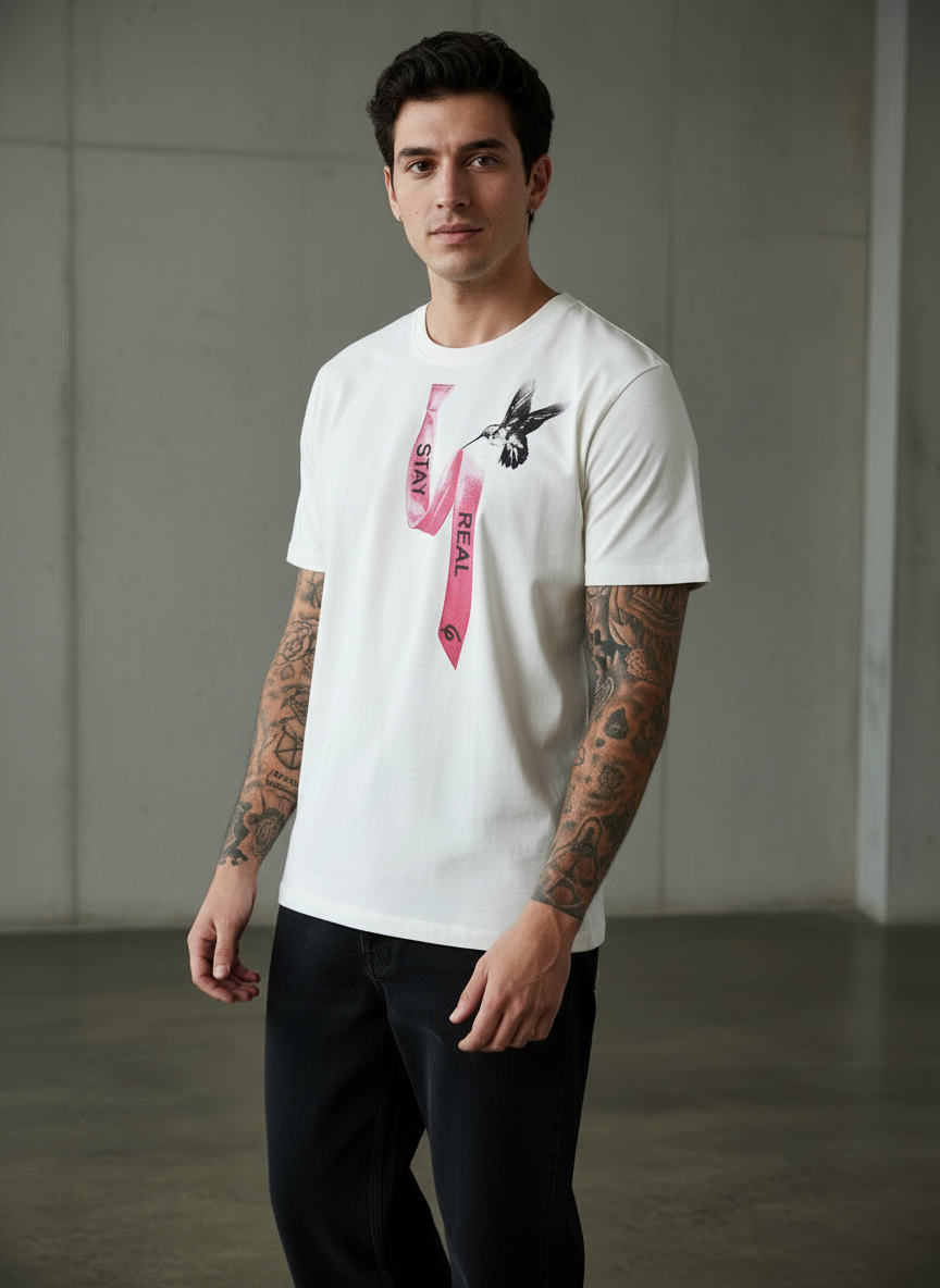 Tie Print Regular Fit White T-Shirt