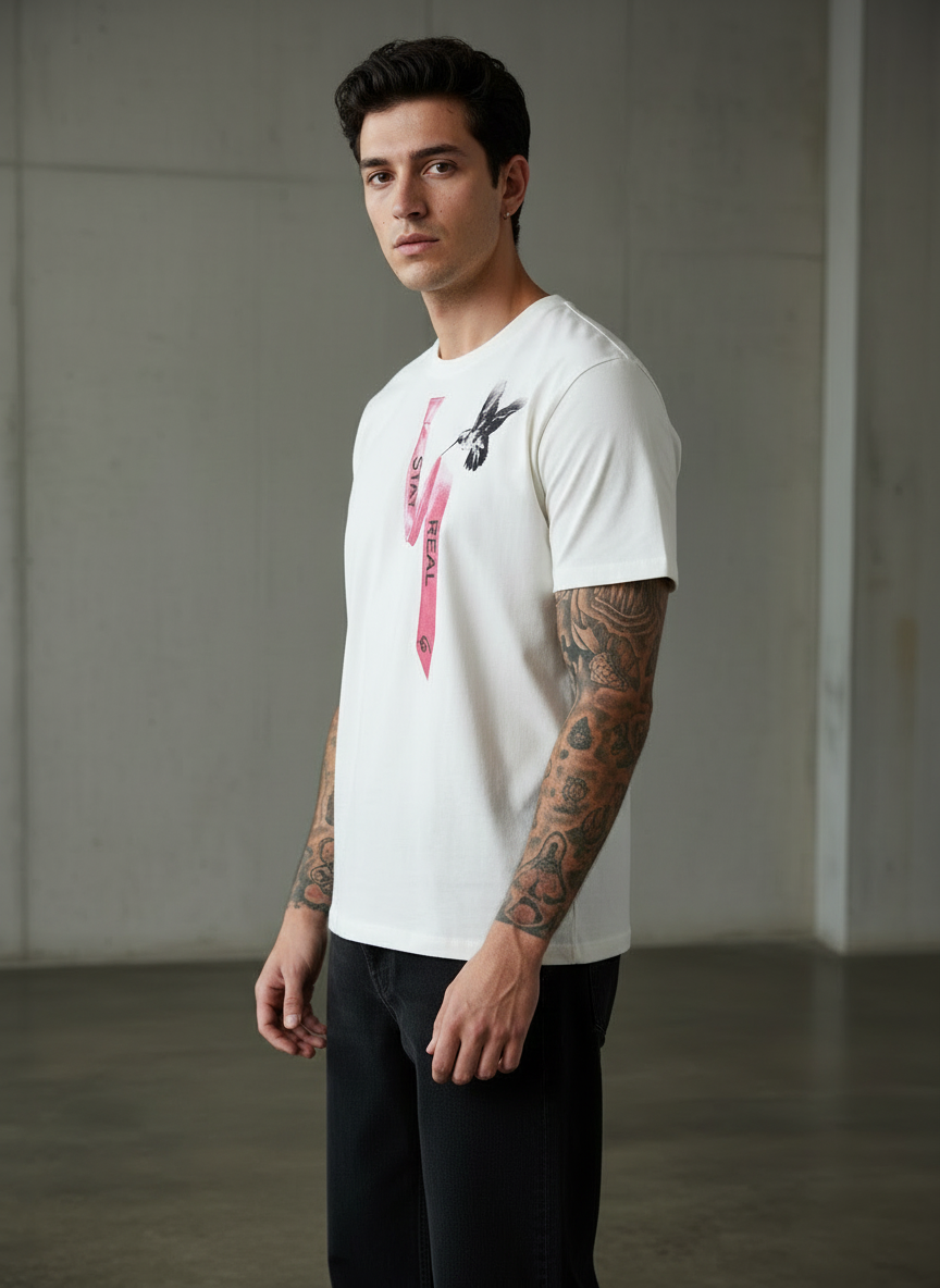 Tie Print Regular Fit White T-Shirt