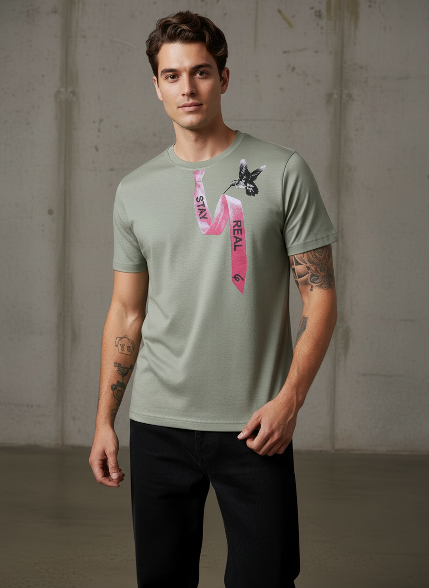 Tie Print Regular Fit Green T-Shirt