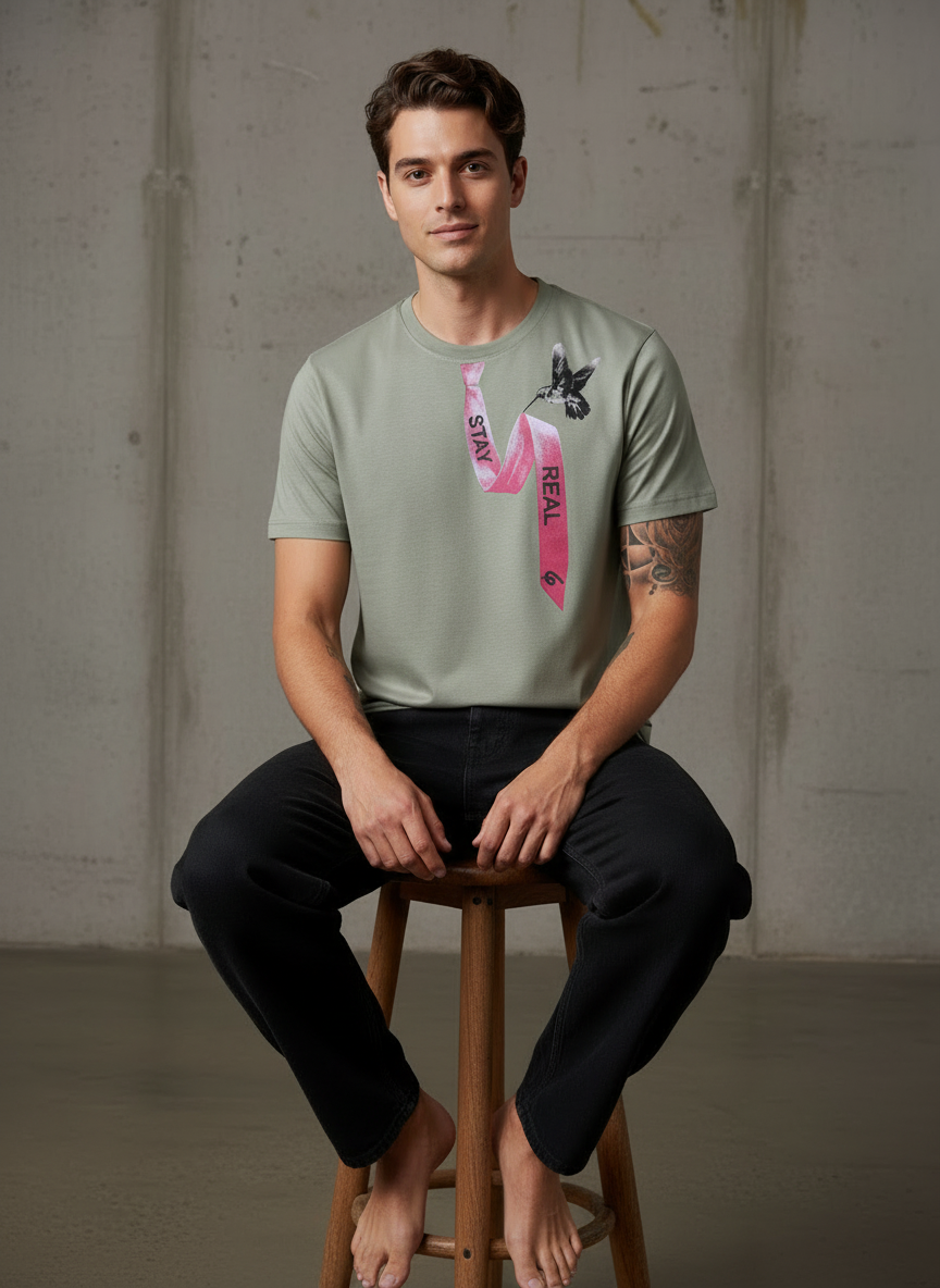 Tie Print Regular Fit Green T-Shirt