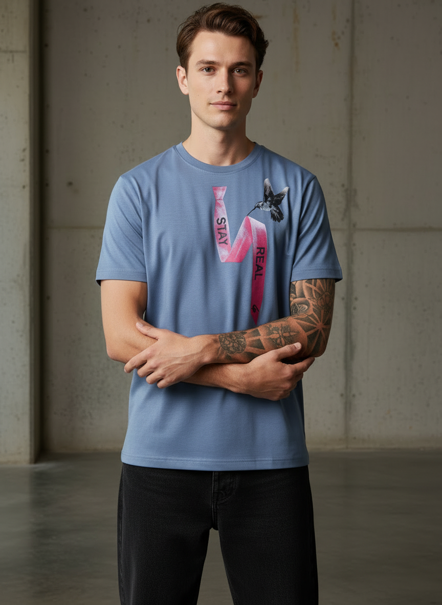 Tie Print Regular Fit Blue T-Shirt