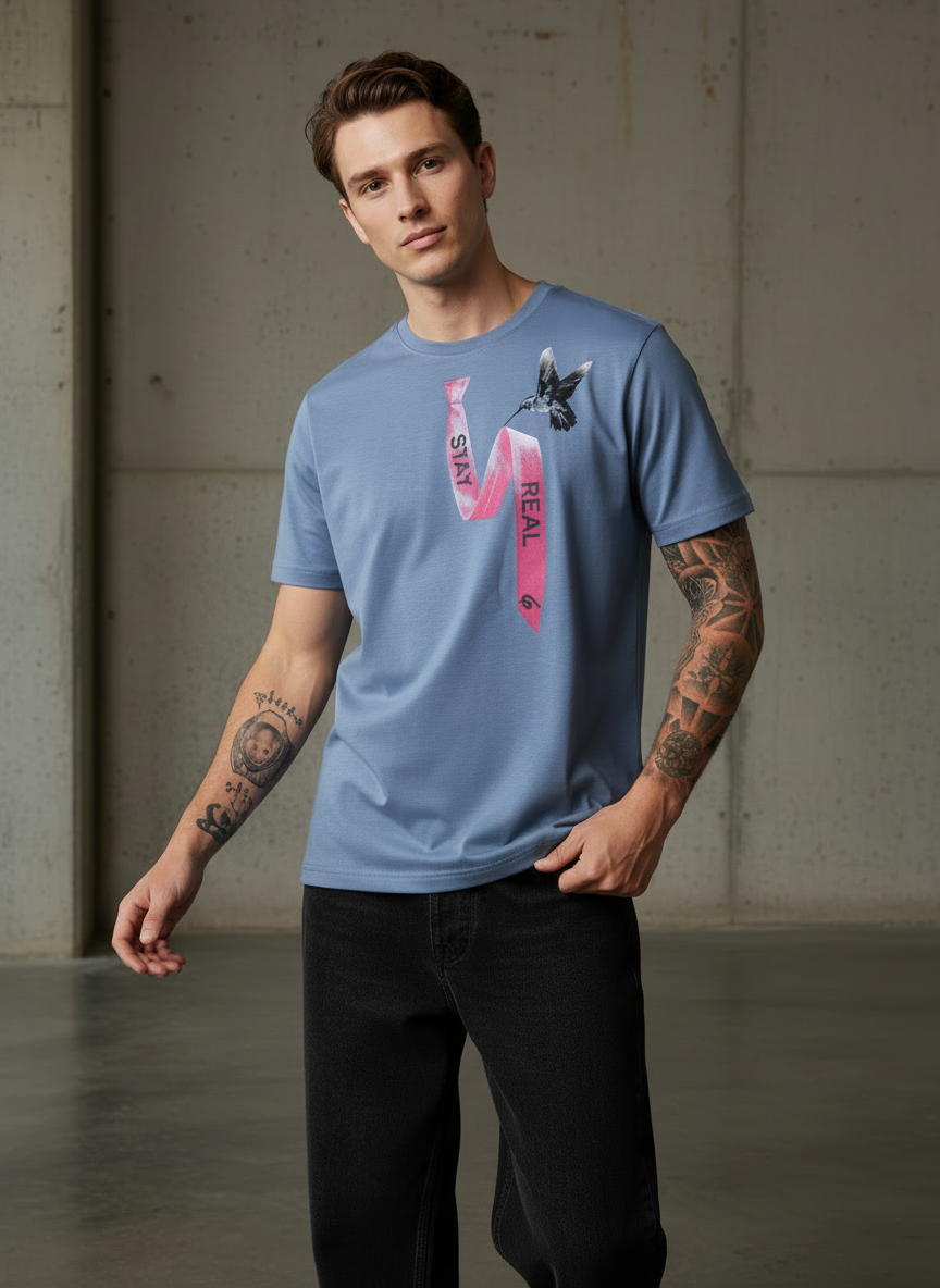 Tie Print Regular Fit Blue T-Shirt