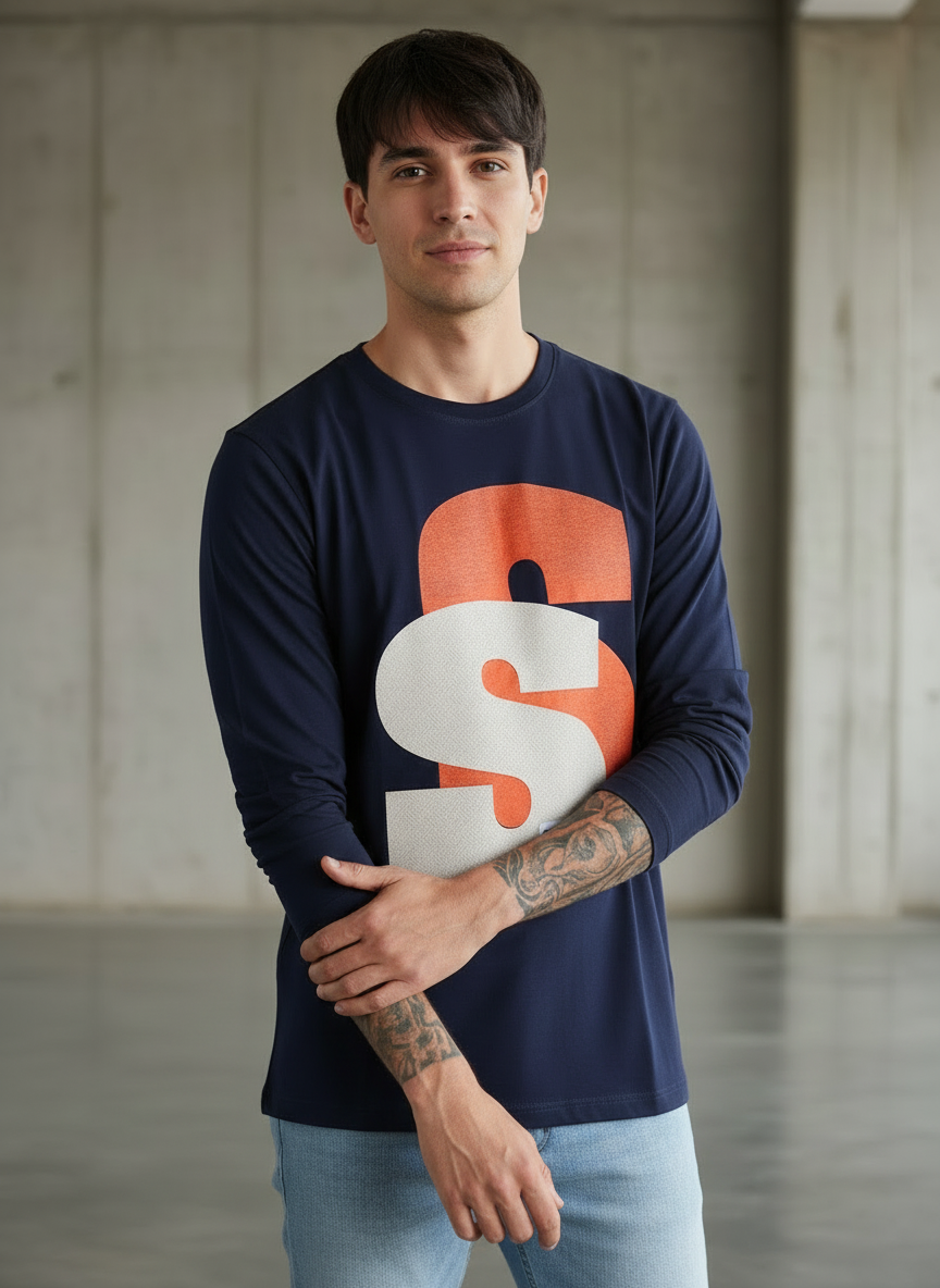 Double Trouble Navy Blue Regular Full Sleeves T-Shirt