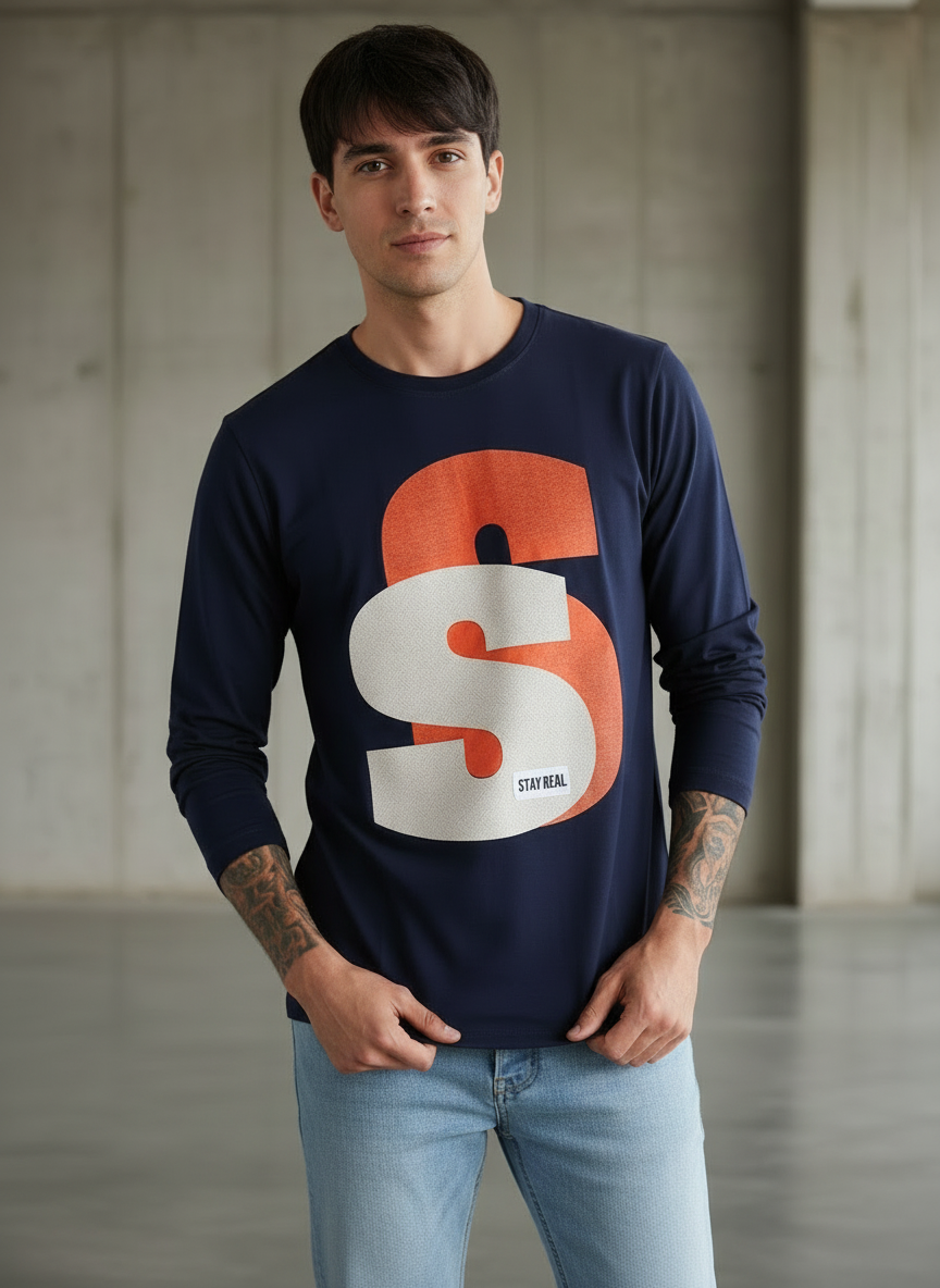 Double Trouble Navy Blue Regular Full Sleeves T-Shirt