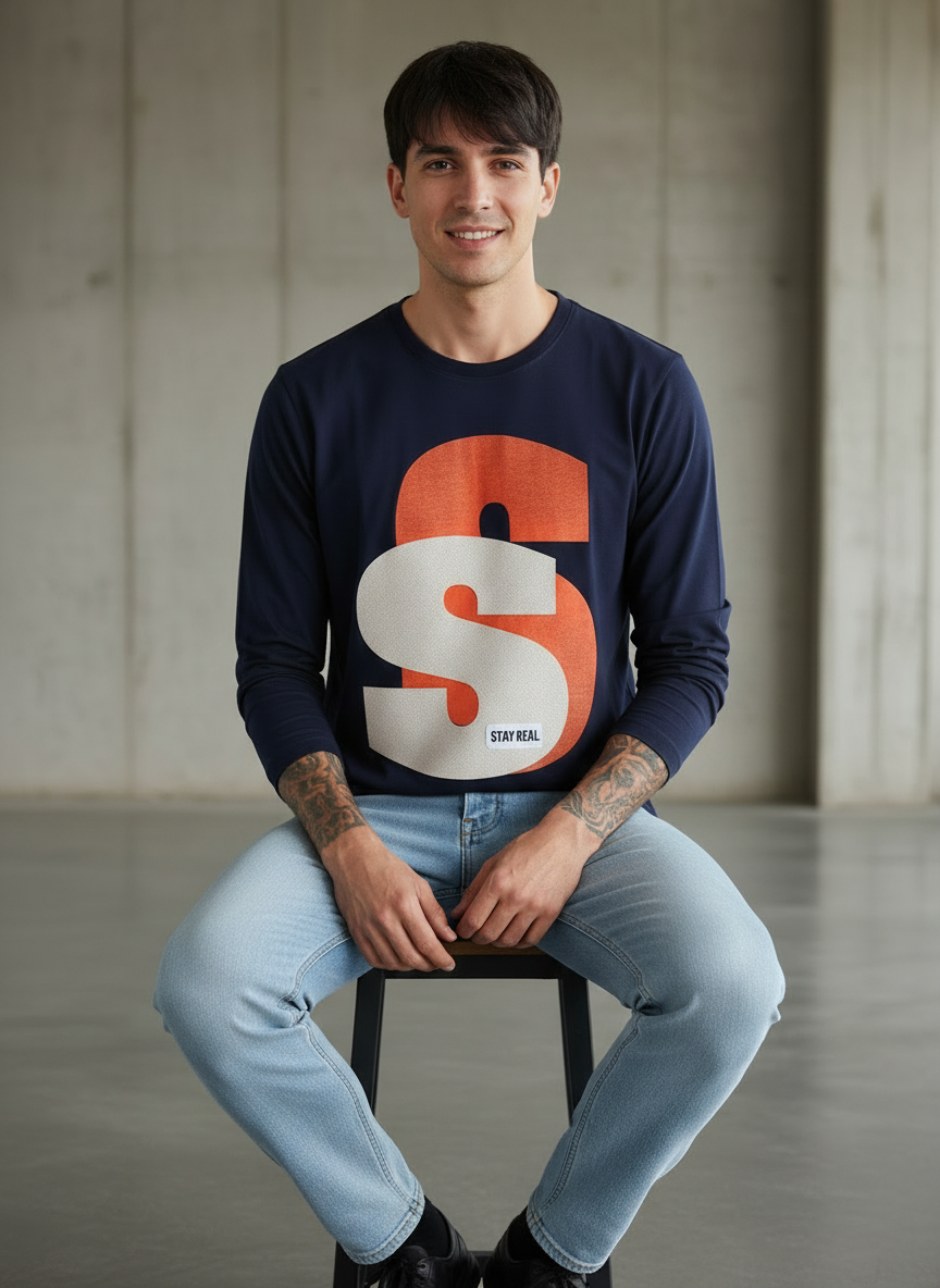Double Trouble Navy Blue Regular Full Sleeves T-Shirt