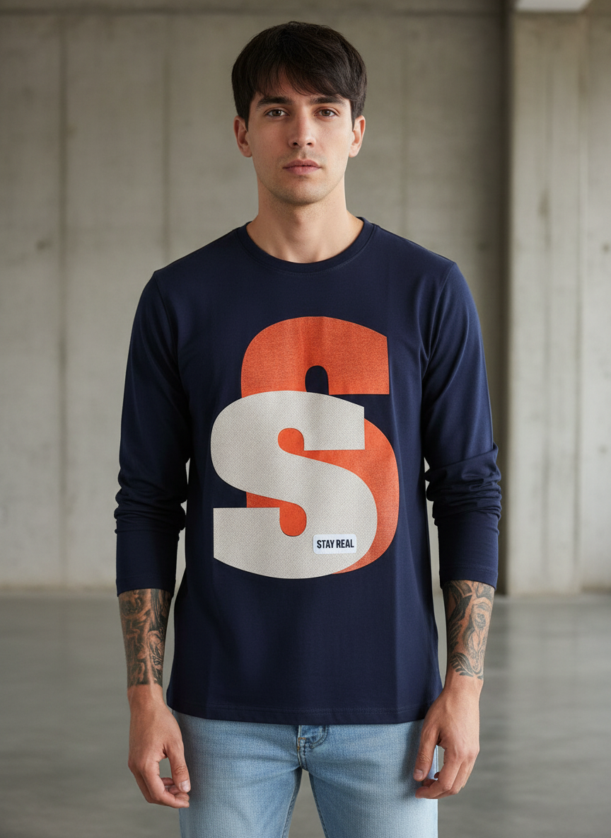 Double Trouble Navy Blue Regular Full Sleeves T-Shirt
