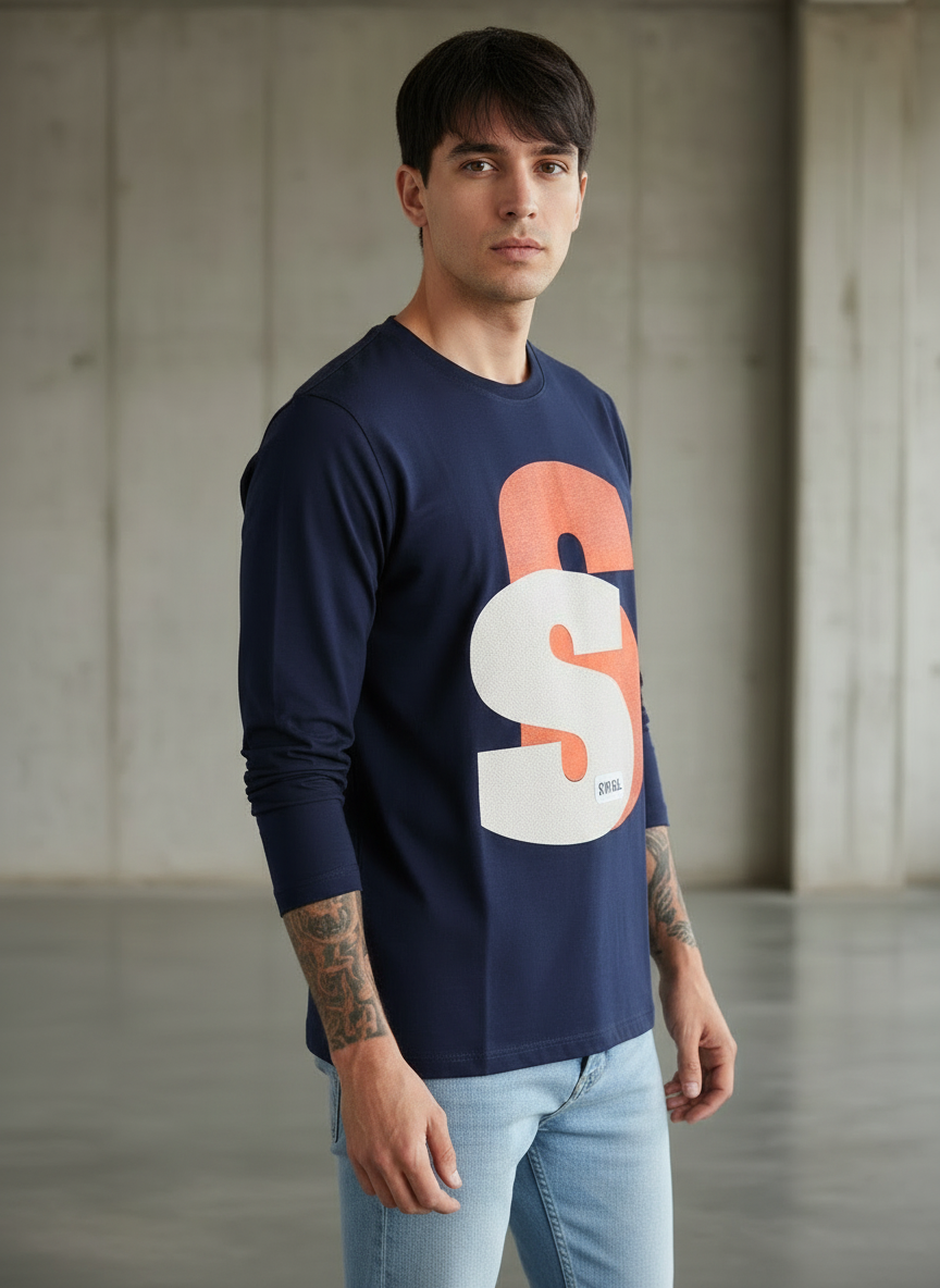 Double Trouble Navy Blue Regular Full Sleeves T-Shirt