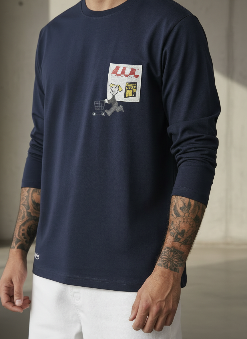 Cart Pocket Navy Blue Regular Full Sleeves T-Shirt