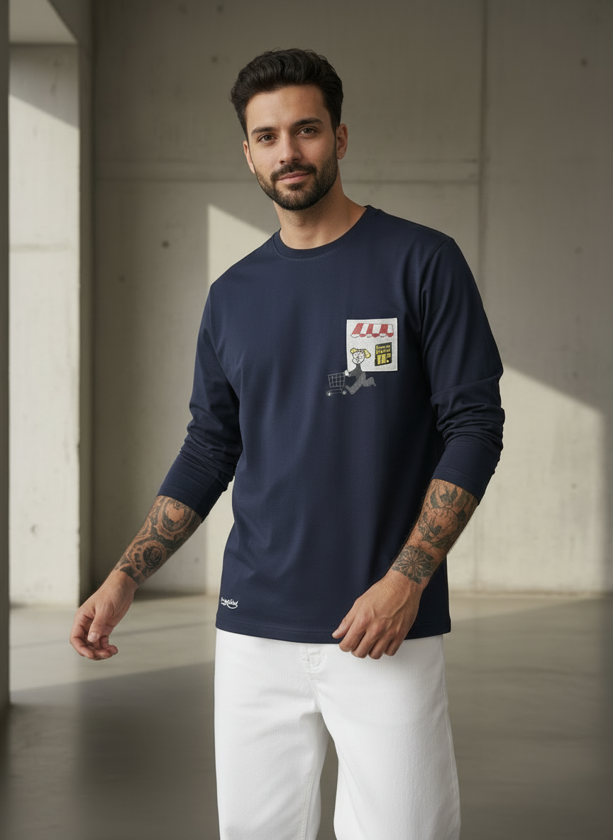 Cart Pocket Navy Blue Regular Full Sleeves T-Shirt