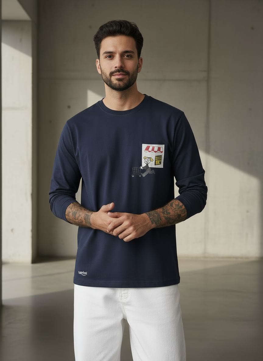 Cart Pocket Navy Blue Regular Full Sleeves T-Shirt