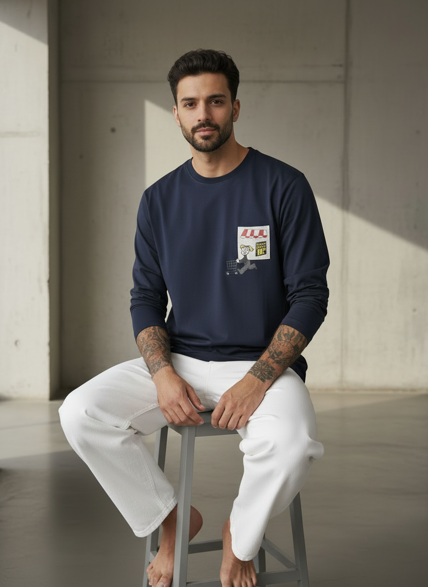 Cart Pocket Navy Blue Regular Full Sleeves T-Shirt