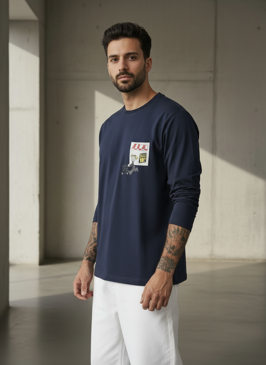 Cart Pocket Navy Blue Regular Full Sleeves T-Shirt