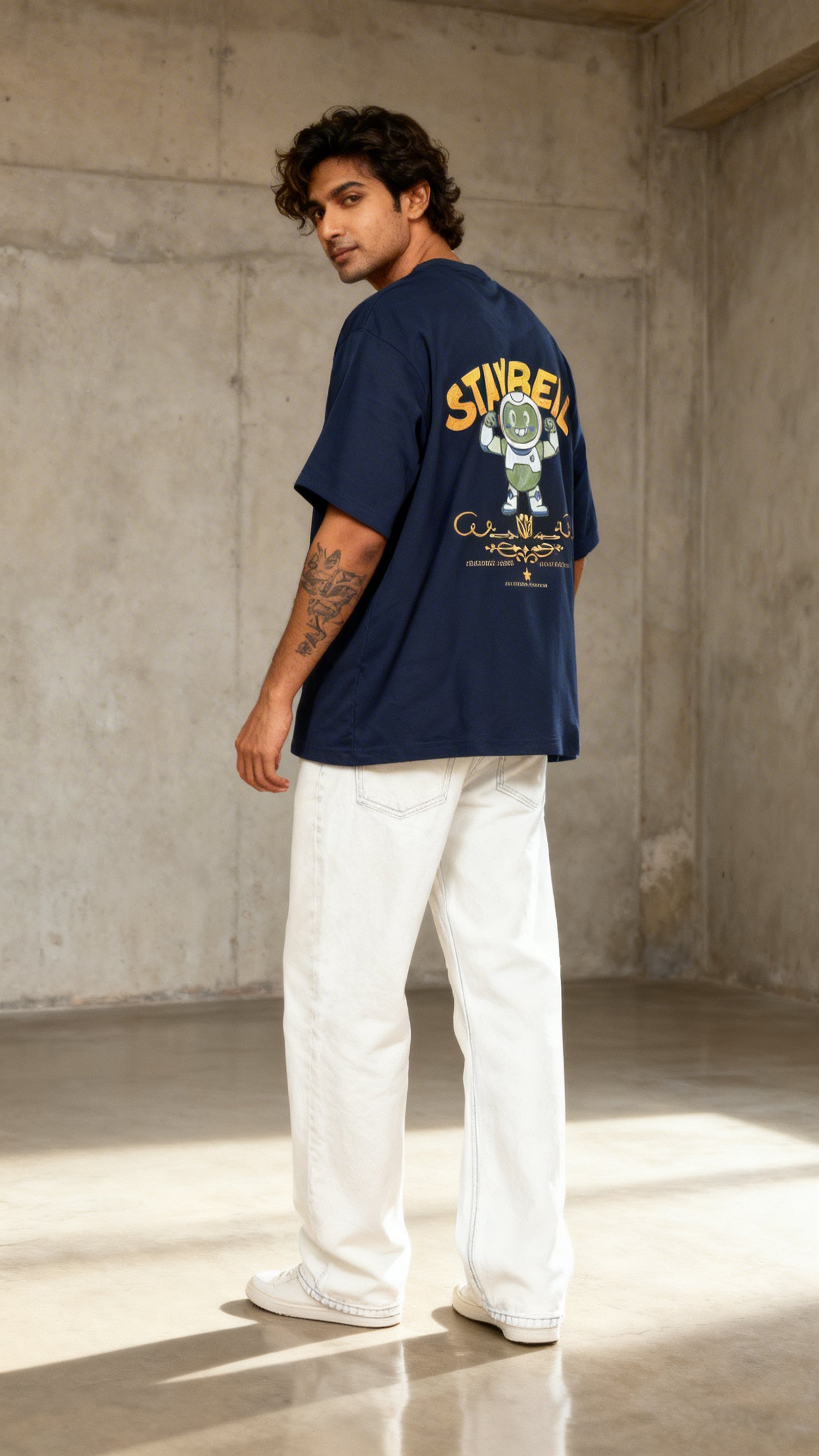 Stay Real Robot Oversized Navy Blue T-shirt