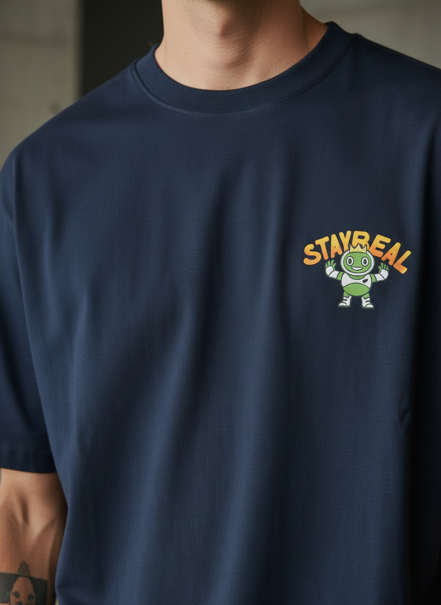 Stay Real Robot Oversized Navy Blue T-shirt