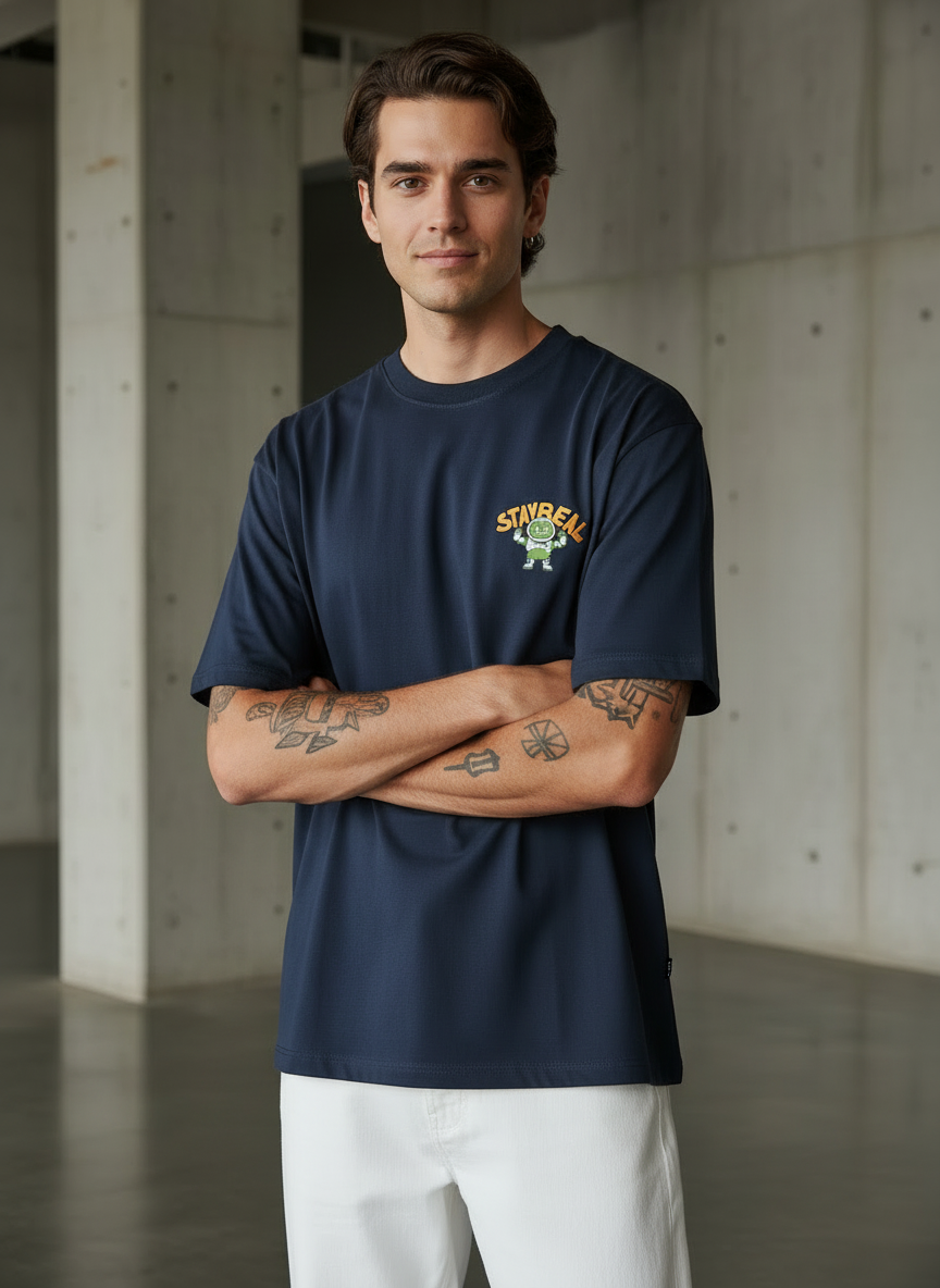 Stay Real Robot Oversized Navy Blue T-shirt