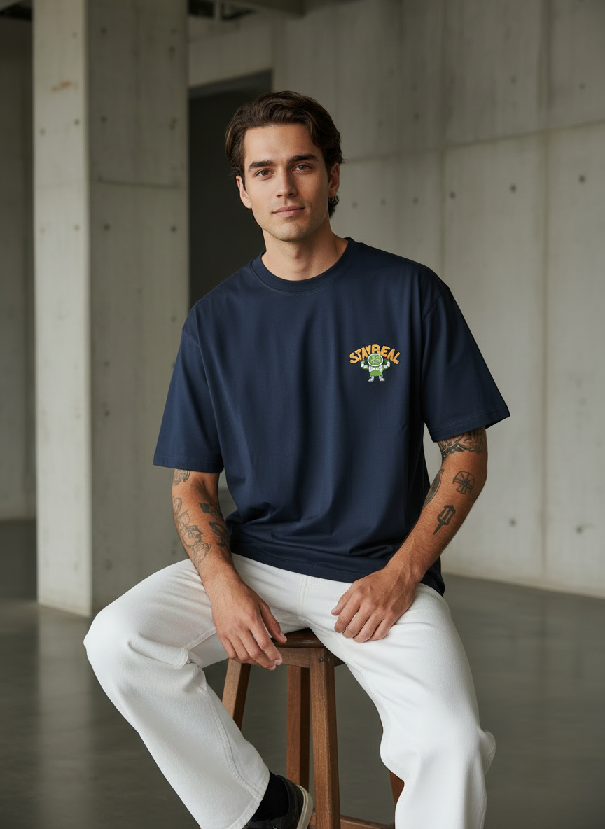 Stay Real Robot Oversized Navy Blue T-shirt