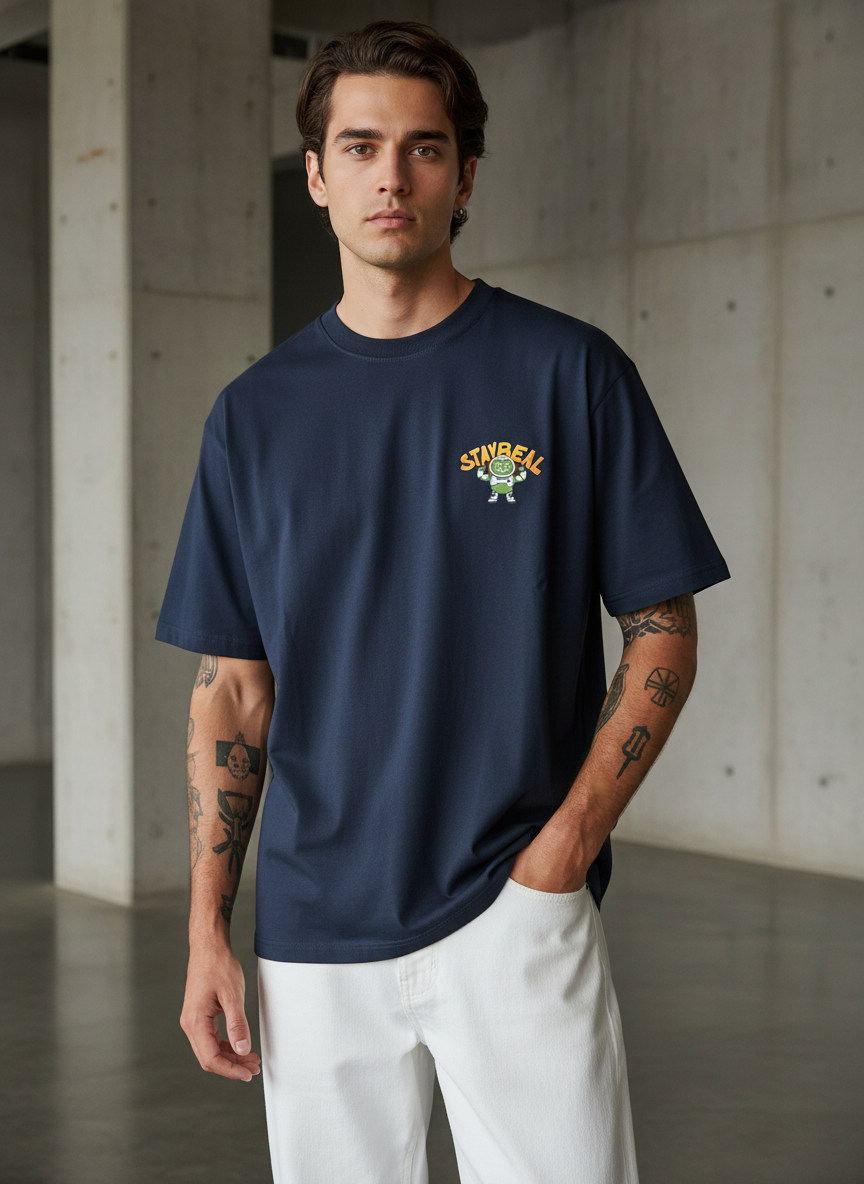 Stay Real Robot Oversized Navy Blue T-shirt