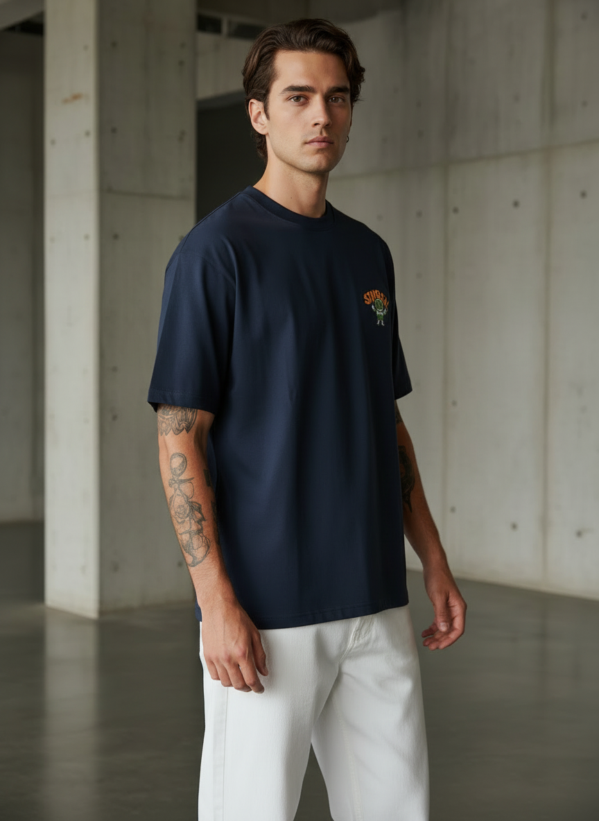 Stay Real Robot Oversized Navy Blue T-shirt