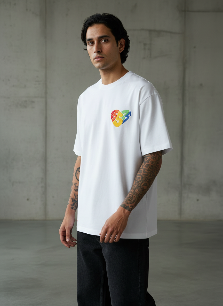Rainbow Heart Oversized White T-Shirt