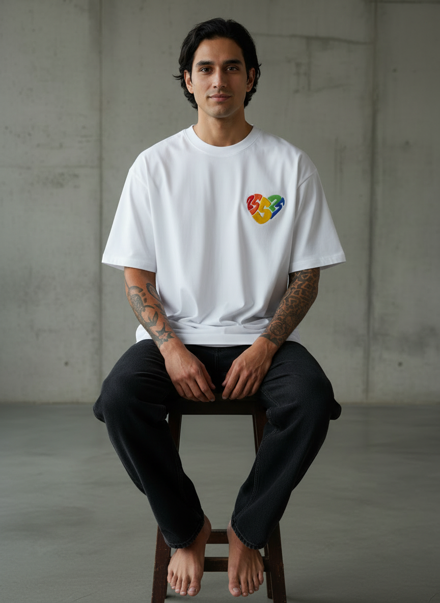 Rainbow Heart Oversized White T-Shirt