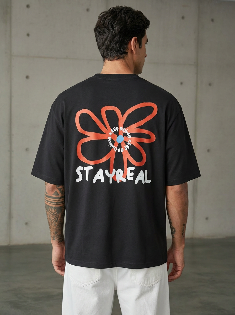 Red Flower Oversized Black T-shirt