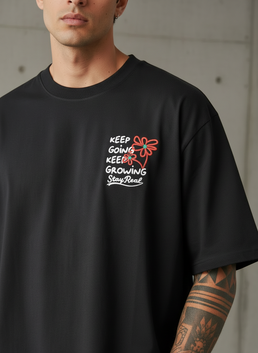 Red Flower Oversized Black T-shirt
