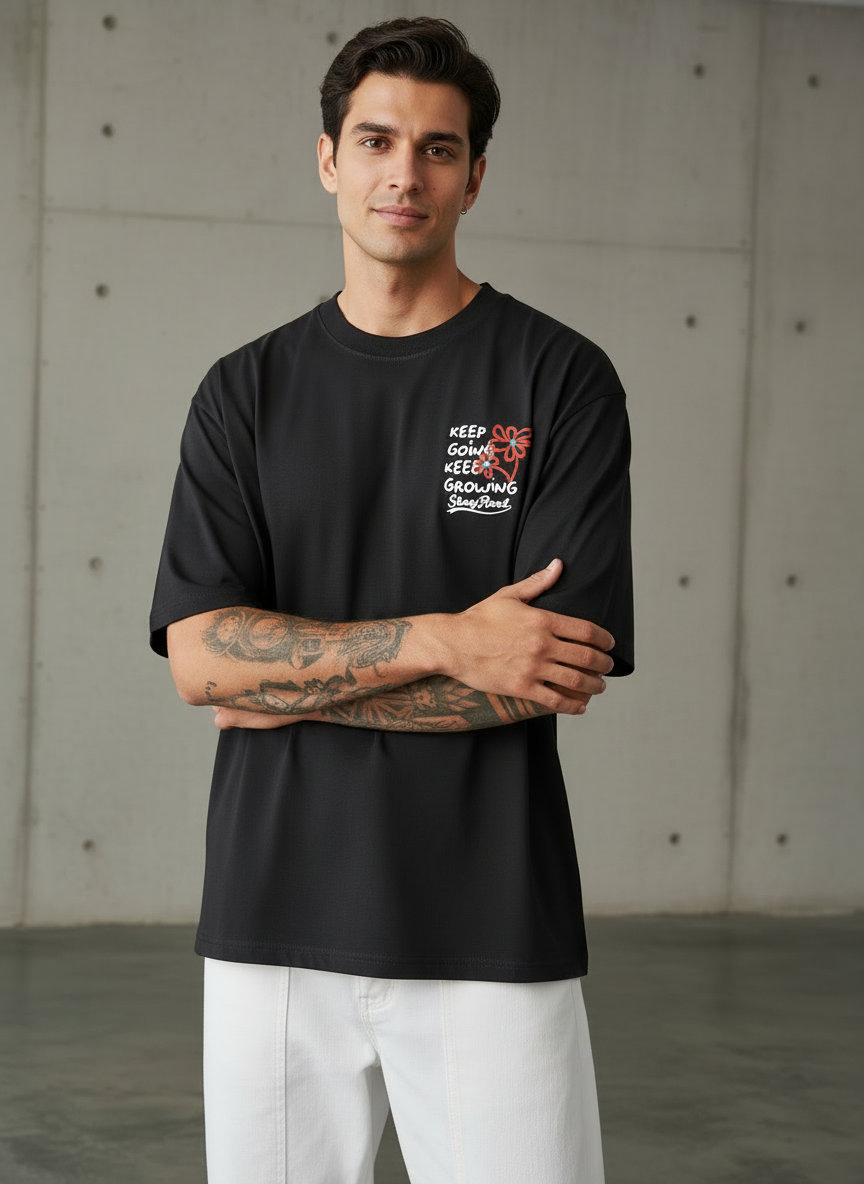 Red Flower Oversized Black T-shirt