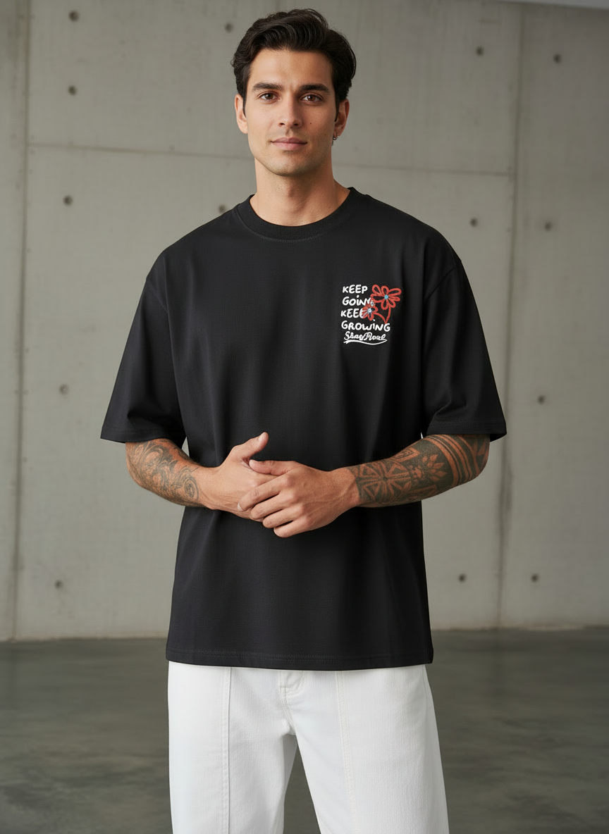 Red Flower Oversized Black T-shirt