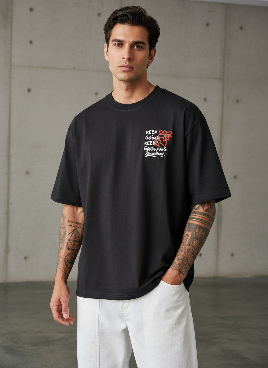 Red Flower Oversized Black T-shirt