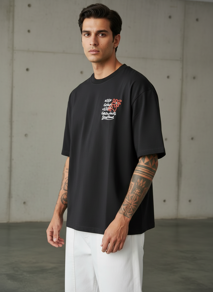 Red Flower Oversized Black T-shirt