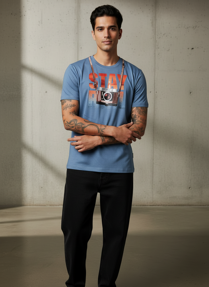 Stay Cam Regular Fit Blue T-Shirt